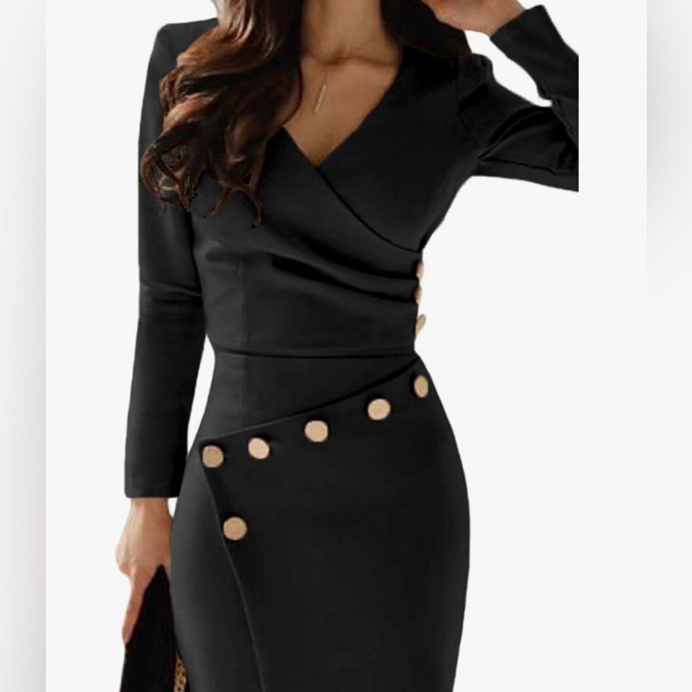 Lrady Women's Deep V Neck Casual Work Bodycon Cocktail Party Pencil Midi Dress